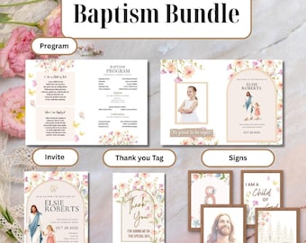 Paquete de bautismo para niñas SUD: invitación, programa, etiquetas de agradecimiento, letreros y plantillas editables de Canva.