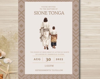 Invitación de bautismo SUD editable: Diseño polinesio (descarga digital)