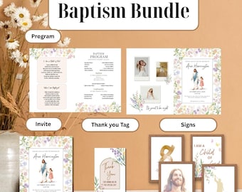 Paquete de bautismo para niñas SUD: invitación, programa, etiquetas de agradecimiento, letreros y plantillas editables de Canva.