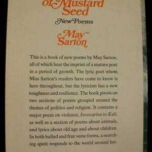 Recueil de poèmes de May Sarton A Grain of Mustard Seed Broché des années 1970 image 3