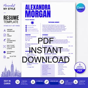 May include: A resume template document featuring the name Alexandra Morgan in large blue text at the top. The layout includes sections for professional summary, education, experience, and skills, with text in black and blue on a white background.