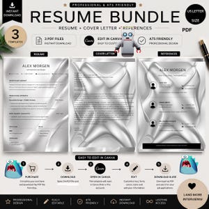 May include: A resume bundle featuring three templates for a resume, cover letter, and references. The design includes a silver metallic liquid background, black text, and icons. It is US letter size, ATS friendly, and editable in Canva.