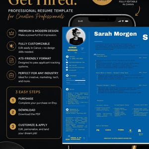 May include: A professional resume template for creative professionals, featuring a black background with gold accents. The design includes a smartphone displaying a blue resume layout for Sarah Morgen, with sections for contact, skills, and experience.