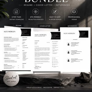 May include: A digital resume bundle template featuring a resume, cover letter, and references document in US Letter size. The layout is black and white with professional typography, including text such as Professional & ATS Friendly Resume Bundle.