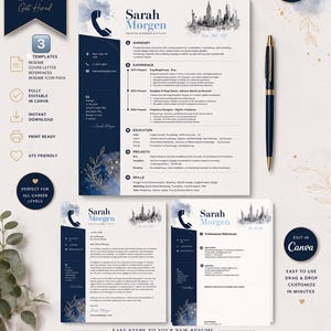 May include: A professional resume bundle template featuring a resume, cover letter, and references page with a navy blue and white color scheme, watercolor accents, a city skyline graphic, and text including Sarah Morgen and New York, NY.