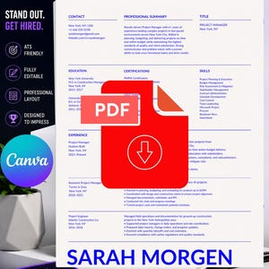 May include: A professional resume template document featuring sections for contact, summary, title, education, certifications, skills, and experience. The document includes a red PDF download icon and the name Sarah Morgen in blue text at the bottom.