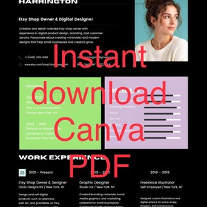 May include: A professional resume template featuring a black background with white text, including the name Olivia Harrington, contact details, education, and work experience. The layout includes a photo of a person and colored blocks.