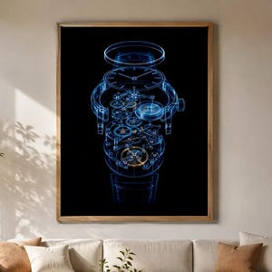 May include: A framed wall art print featuring a blue glowing wireframe illustration of a mechanical watch movement against a solid black background. The exploded view displays the internal gears, dial, and casing components in a technical style.