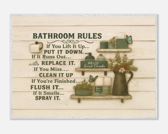 Rustic Bathroom Rules Sign, Farmhouse Style Wall Decor, Funny Home Art Print, Bathroom Gift