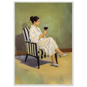 Elegant Woman Luxury wall art - Enchanted Evening Elegance – Oil Painting Woman in White Robe with Red Wine Wall Art-Glamorous Ready to Hang