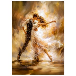 以下が含まれることがあります： 踊るカップルの油絵。男性は濃い色のベストとズボンを着用し、女性は流れるような白いドレスを着ています。背景は暖色系の混色で、動きとロマンスを感じさせます。