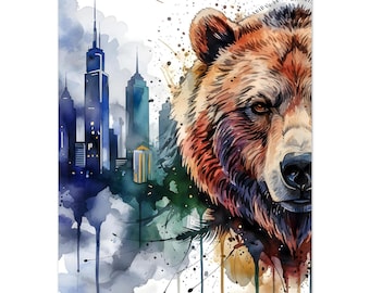 Acquerello a tema mercato azionario, decorazione murale a tema finanza, stampa per ufficio di trading, tela di Wall Street