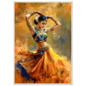Golden Rhythm – Vibrant Indian Dance Wall Art | Traditional Bharatanatyam Painting Print | Colorful Cultural Canvas for Home Ready to Hang