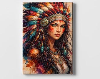 ネイティブアメリカン女性の油絵、先住民アート（19.7x23.6インチ