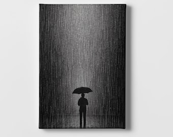 Stampa su tela con tema pioggia e atmosfera malinconica, decorazione in bianco e nero per una notte piovosa, arte murale minimalista