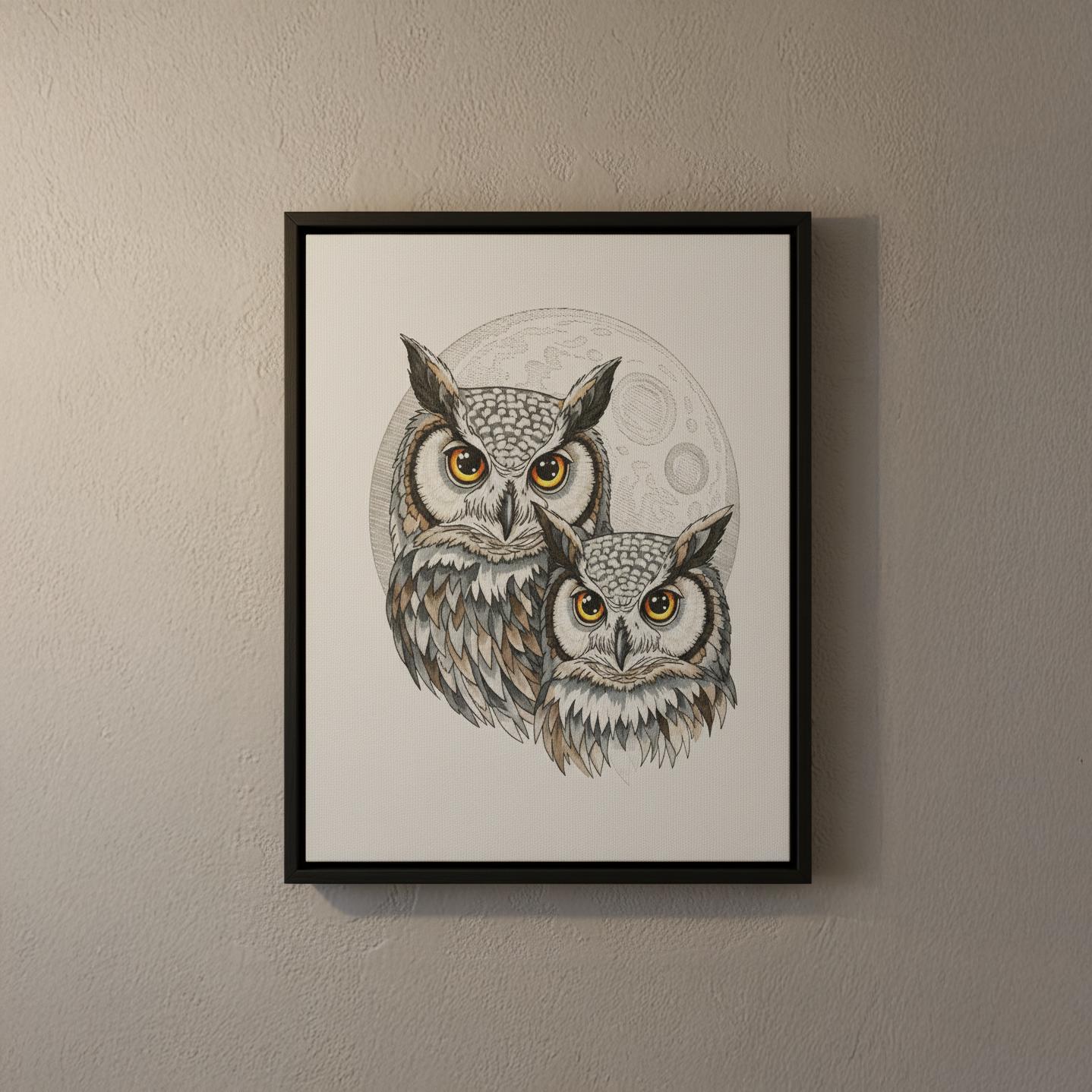 Moonlit Owl Print &ndash; Twin Owls, Rustic Woodland Canvas Art