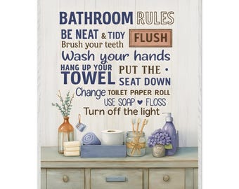 Bathroom Rules Art Print, Funny Hygiene Sign Wall Decor, Rustic Home Bathroom Gift Canvas