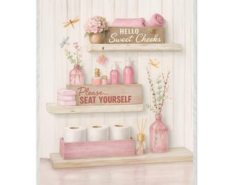 Retro Pink Bathroom Rules Art, Funny Lavatory Quote Sign, Girly Washroom Wall Decor Gift