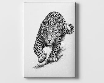 Leopard Canvas Art, African Wildlife Wall Art, Black White Wild Cat Print, Safari Decor