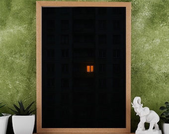 Quadro con finestra luminosa, tela minimalista notturna, stampa per appartamento scuro, arredamento d'atmosfera