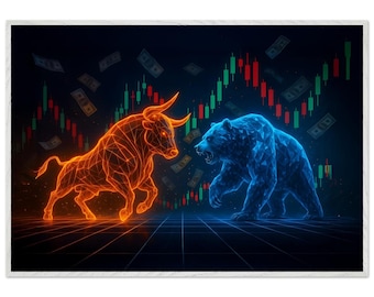 Stampa su tela Toro contro Orso, decorazione murale a tema mercato azionario, arredamento per ufficio finanziario