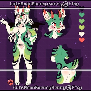 May include: Digital artwork of a green and white anthropomorphic creature with horns, wings, and a tail. The character has a stylized design with black stripes and red accents. The image includes multiple views of the character and color swatches.