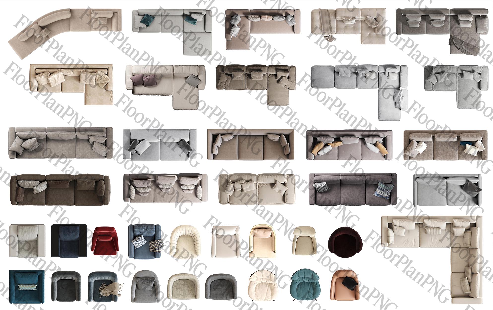 40 canapés et canapés réalistes pour plans d'étage (PNG)