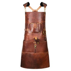 Personalized Full Grain Leather Work Apron, Engraved Name, Brass Hardware, Pockets