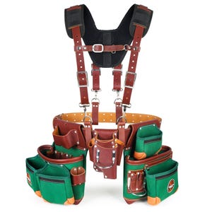 May include: A heavy-duty tool belt system featuring a brown leather belt and suspenders with black padded shoulder straps. The assembly includes multiple green fabric pouches with leather trim, metal hardware, and a central leather holster.