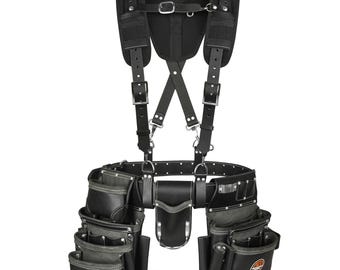 Full Grain Leather Tool Belt with Suspenders, Heavy Duty Electrician Carpenter Pouch
