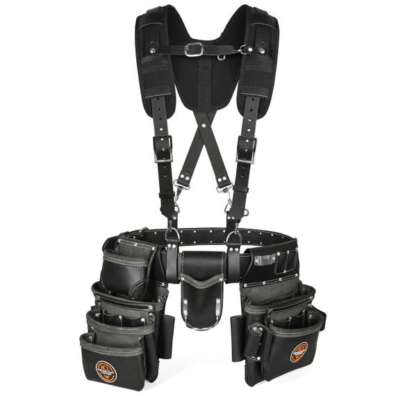 Full Grain Leather Tool Belt with Suspenders, Heavy Duty Electrician Carpenter Pouch
