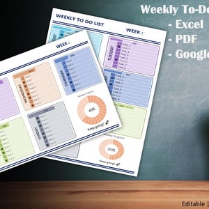 May include: Two printable weekly to-do list trackers with colorful boxes for each day of the week. The trackers include progress charts and are labeled "Weekly To-Do List". A pencil holder with pencils is in the background.