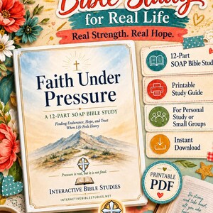 May include: A Bible study guide titled Faith Under Pressure, featuring a mountain landscape illustration, a 12-part SOAP study format, and printable PDF resources. The cover includes the text Interactive Bible Studies and Psalm 31:24.