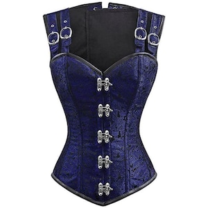 Coruscate Heavy Duty Steel Boned Over Bust Waist Training Brocade Hourglass Blue Corset