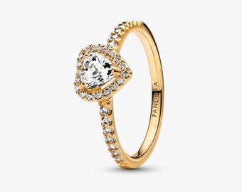 S925 Sterling Silver Pandora CZ Pavé Sparkling Clear Heart Elevated Gold Ring