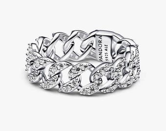 Anello Pandora in argento sterling S925 con catena cubana scintillante e pavé di zirconi cubici e diamanti trasparenti.