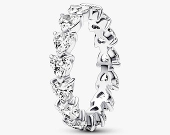 S925 Sterling Silber Pandora CZ Pavé Clear Diamond Funkelnde Reihe der Herzen Eternity Ring Silberring