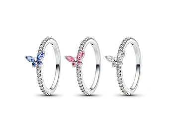 S925 Sterling Silber Pandora CZ Pavé Funkelnder Blauer Schmetterling Ring, Pink Schmetterling Ring, Klar Schmetterling Ring