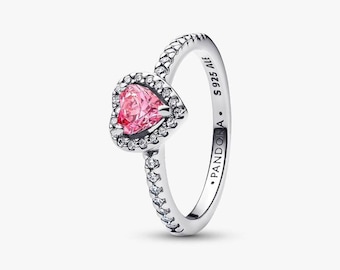 S925 Sterling Silver Pandora CZ Pavé Sparkling Pink Heart Elevated Silver Ring