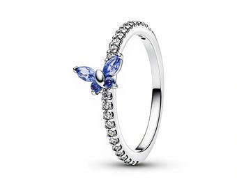Anillo Pandora de plata de ley 925 con mariposa azul brillante y circonitas cúbicas pavé.