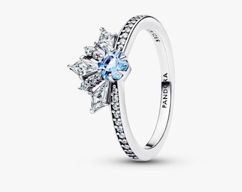 Anello Pandora in argento sterling S925 con tiara e corona della regina Elsa di Frozen, trasparente e scintillante, color azzurro ghiaccio.