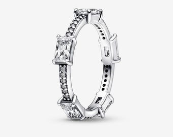 S925 Sterling Silber Pandora CZ Pavé Clear Diamond funkelnde rechteckige Bars Ring Silberring