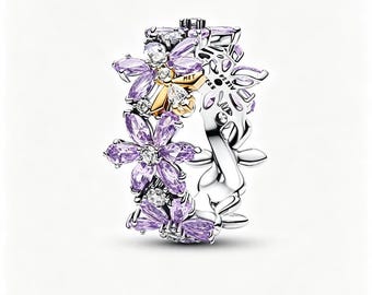 Anillo Pandora de plata de ley 925 con circonitas cúbicas pavé, diamantes morados brillantes, flor Bridgerton Herbarium y abeja.