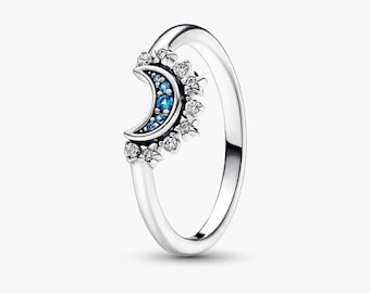 S925 Sterling Silber Pandora CZ Pavé Blau Diamant funkelnden Himmlischen Mond Ring Silberring