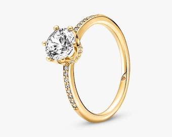 S925 Sterling Silver Pandora Clear Sparkling Crown Solitaire Gold Ring