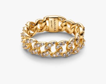 S925 Sterling Silber Pandora CZ Pavé Klarer Diamant funkelnder Kubanischer Kettenring Goldring