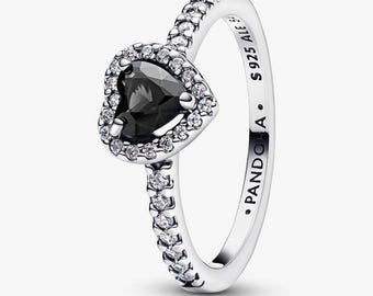 S925 Sterling Silver Pandora CZ Pavé Sparkling Black Heart Elevated Silver Ring