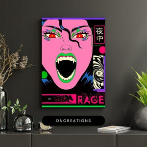 Puede incluir: Impresión en lienzo de estilo pop art que representa a una mujer con la cara rosa, ojos rojos y colmillos, con la boca abierta. La obra de arte incluye texto japonés y la palabra "RAGE". El nombre del artista, DNCREATIONS, está en la parte inferior.