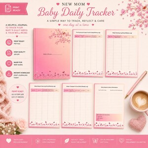 May include: A New Mom Baby Daily Tracker journal set featuring a pink gradient cover with cherry blossom and butterfly illustrations. Includes five printable log sheets for pumping, feeding, sleep, diaper changes, and notes, sized at 21.59 x 27.94 cm.