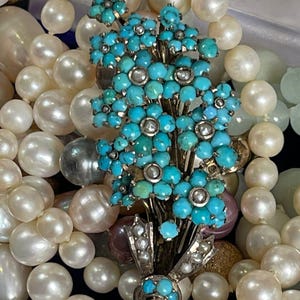 Antique Victorian Brooch – 19th Century Floral Design in Gilded Silver with Turquoise and Seed Pearls